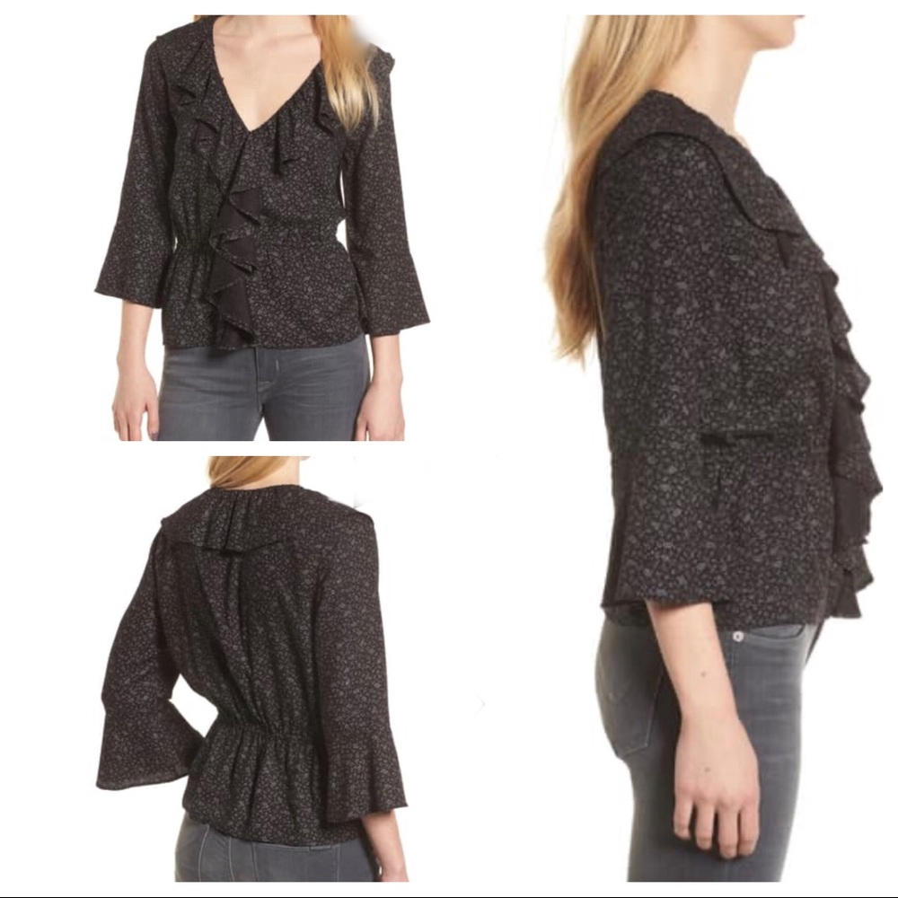 Hinge cascade ruffle top black & white print size 1X